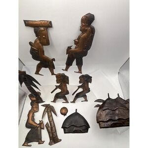 Vintage African Village Scene Copper Wall Art Figures Hut Palm Trees 9 Pieces